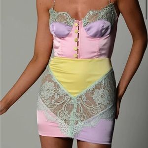Brand New Micas Bustier Colorblock Lace Panel Rhinestone Strap Lace mini dress